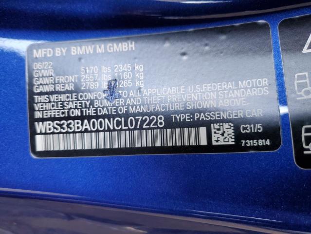 WBS33BA00NCL07228 - 2022 BMW M4 COMPETITION BLUE photo 12