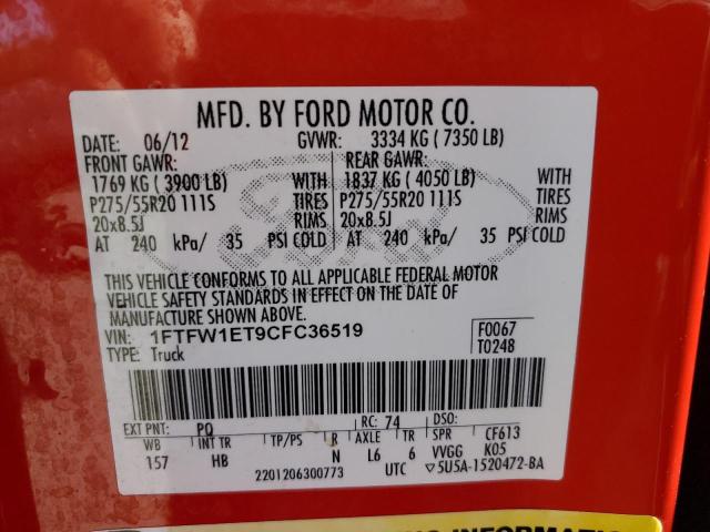 1FTFW1ET9CFC36519 - 2012 FORD F150 SUPERCREW RED photo 12
