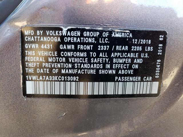 1VWLA7A33KC013092 - 2019 VOLKSWAGEN PASSAT WOLFSBURG 灰色 照片 12