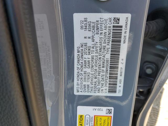 2HGFE2F59NH590861 - 2022 HONDA CIVIC SPORT 灰色 照片 12
