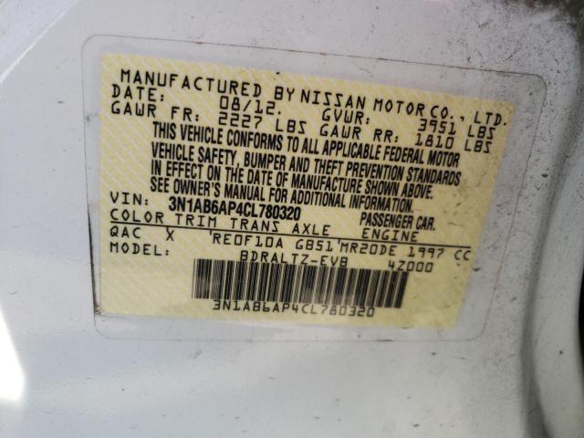 3N1AB6AP4CL780320 - 2012 NISSAN SENTRA 2.0 WHITE photo 12