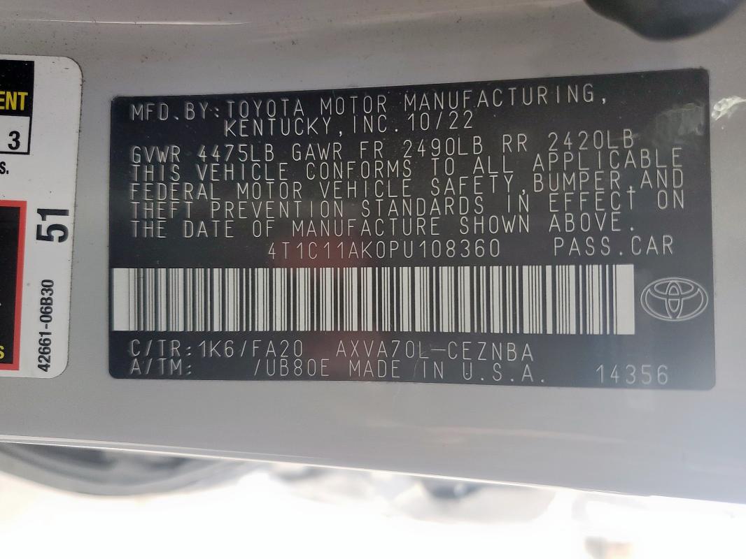 4T1C11AK0PU108360 - 2023 TOYOTA CAMRY LE WHITE photo 12