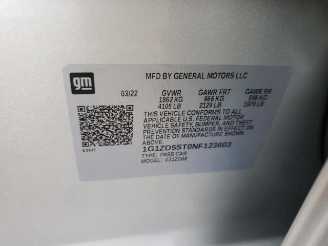 1G1ZD5ST0NF123603 - 2022 CHEVROLET MALIBU LT SILVER photo 12