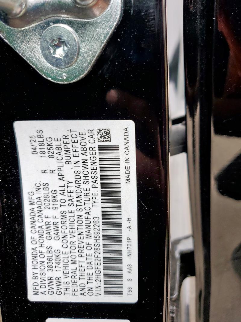 2HGFE2F28SH592263 - 2025 HONDA CIVIC LX BLACK photo 12