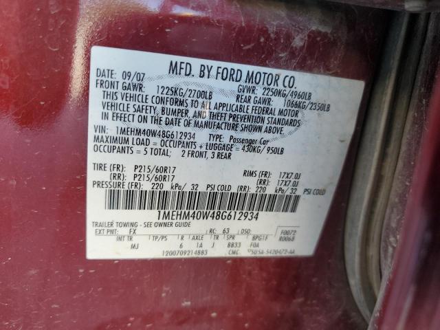 1MEHM40W48G612934 - 2008 MERCURY SABLE LUXURY BURGUNDY photo 12