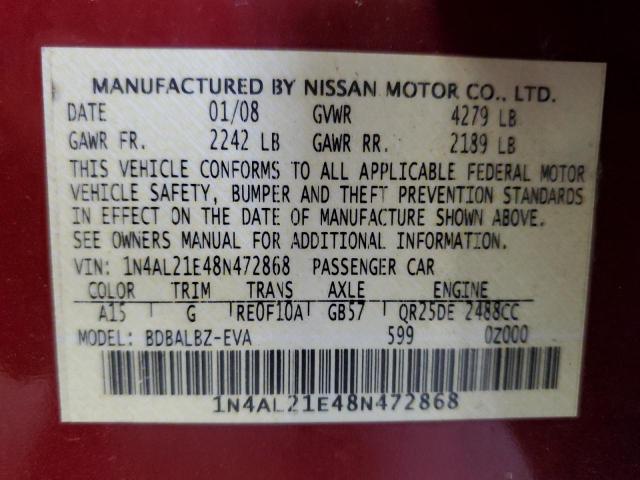 1N4AL21E48N472868 - 2008 NISSAN ALTIMA 2.5 MAROON photo 10