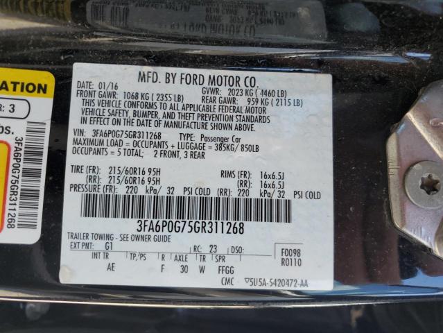 3FA6P0G75GR311268 - 2016 FORD FUSION S BLACK photo 12