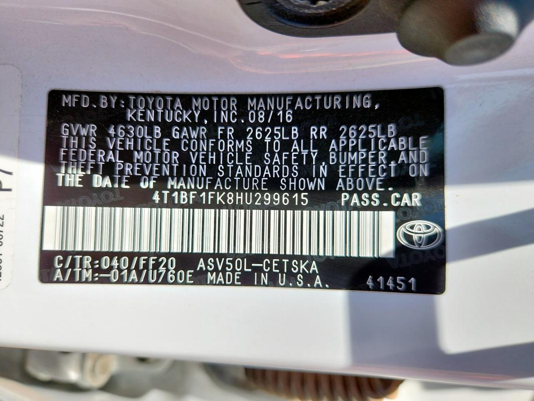 4T1BF1FK8HU299615 - 2017 TOYOTA CAMRY LE WHITE photo 12