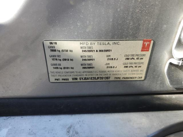 5YJSA1E26JF261397 - 2018 TESLA MODEL S 银色 照片 12