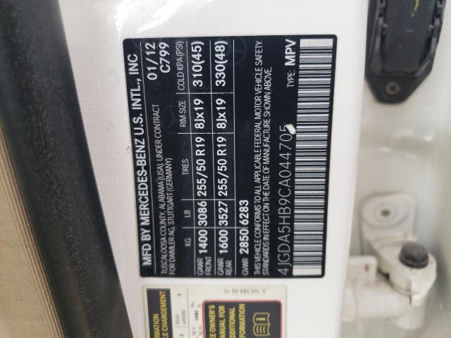 4JGDA5HB9CA044705 - 2012 MERCEDES-BENZ ML 350 4MATIC WHITE photo 12