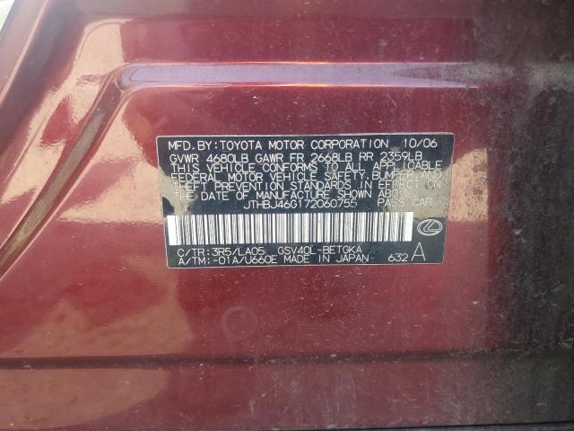 JTHBJ46G172060755 - 2007 LEXUS ES 350 BURGUNDY photo 12