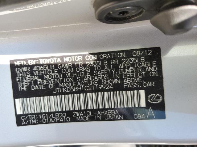 JTHKD5BH1C2119924 - 2012 LEXUS CT 200 SILVER photo 12