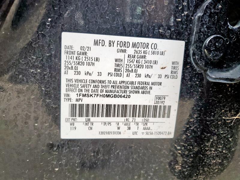 1FMSK7FH0MGB06420 - 2021 FORD EXPLORER LIMITED 黑色 照片 13