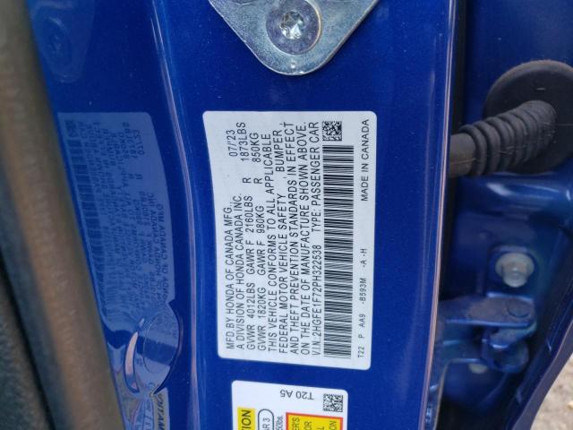 2HGFE1F72PH322538 - 2023 HONDA CIVIC EX BLUE photo 12