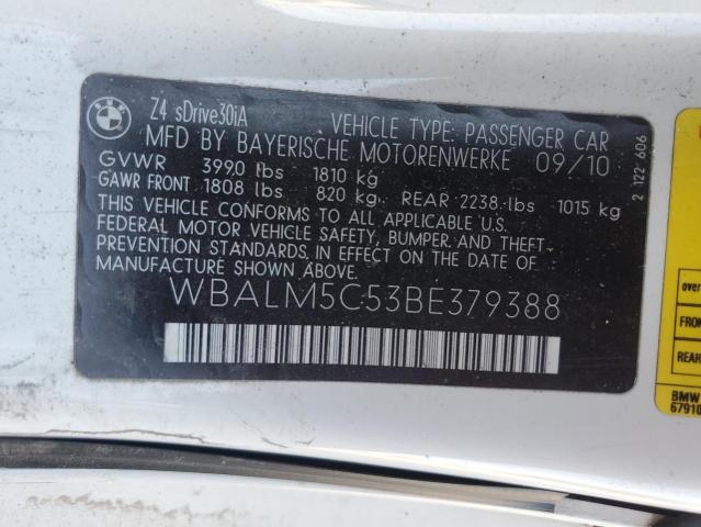 WBALM5C53BE379388 - 2011 BMW Z4 SDRIVE30I WHITE photo 12