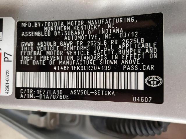 4T4BF1FK9CR204199 - 2012 TOYOTA CAMRY BASE SILVER photo 13