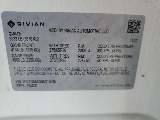 7FCTGAAA3NN015635 - 2022 RIVIAN R1T ADVENTURE WHITE photo 12