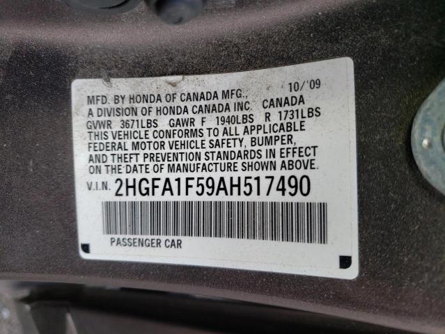 2HGFA1F59AH517490 - 2010 HONDA CIVIC lx LX GRAY photo 12