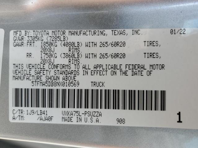 5TFMA5DB8NX010569 - 2022 TOYOTA TUNDRA CREWMAX PLATINUM ვერცხლისფერი ფოტო 12