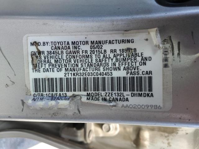 2T1KR32E03C040453 - 2003 TOYOTA COROLLA MA XR SILVER photo 12