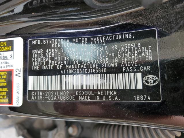 4T1BK3DB1CU465640 - 2012 TOYOTA AVALON BASE BLACK photo 13