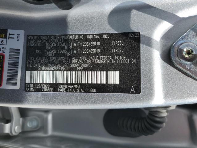 5TDGZRAH2NS545411 - 2022 TOYOTA HIGHLANDER XLE Արծաթագույն լուսանկար 12