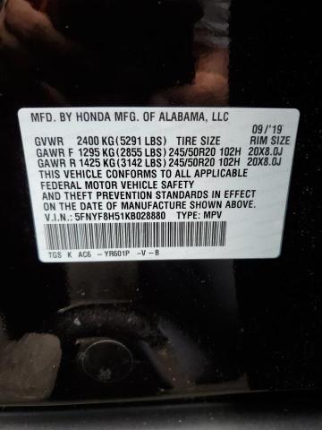 5FNYF8H51KB028880 - 2019 HONDA PASSPORT EXL BLACK photo 12