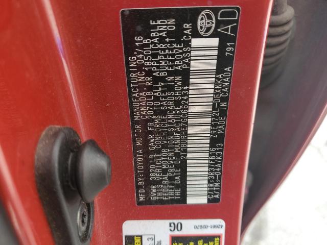 2T1BURHE7GC662434 - 2016 TOYOTA COROLLA L RED photo 12