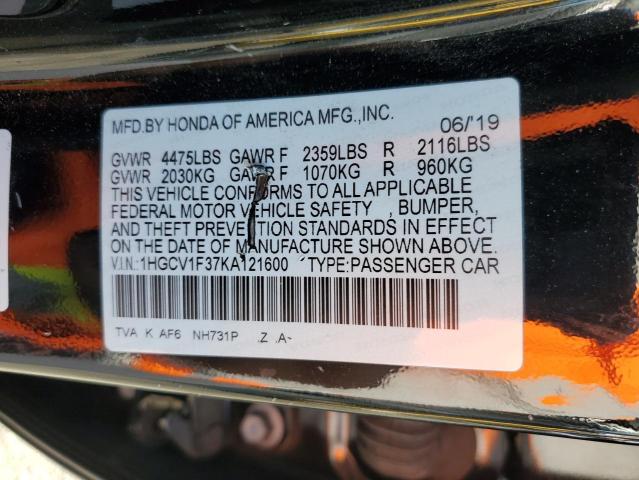 1HGCV1F37KA121600 - 2019 HONDA ACCORD SPORT 黑色 照片 12