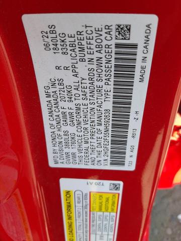 2HGFE2F55NH592638 - 2022 HONDA CIVIC SPORT 红色 照片 12