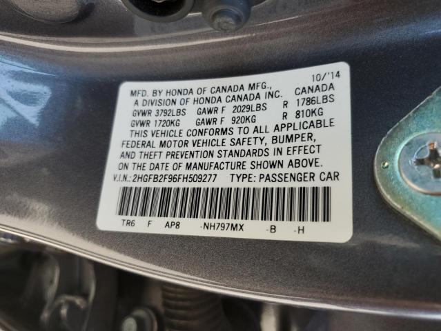 2HGFB2F96FH509277 - 2015 HONDA CIVIC EXL ნაცრისფერი ფოტო 12