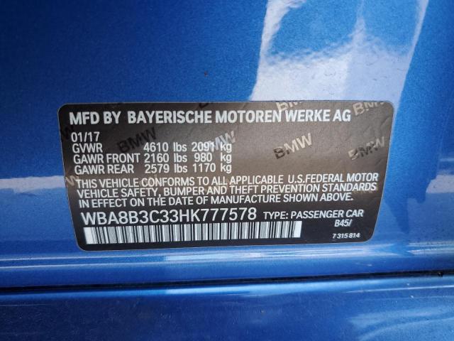 WBA8B3C33HK777578 - 2017 BMW 340 I 蓝色 照片 12