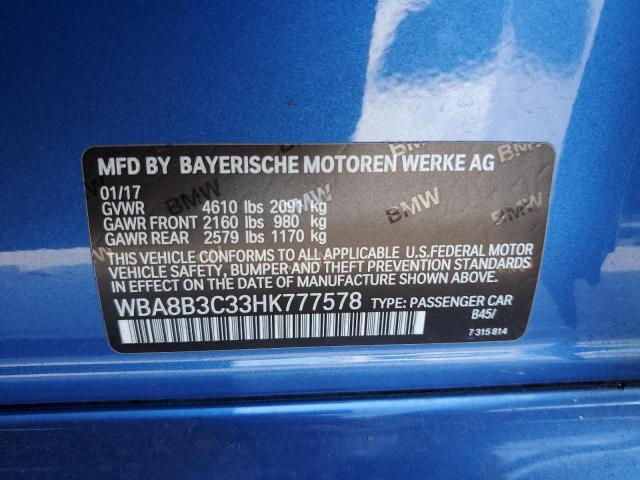 WBA8B3C33HK777578 - 2017 BMW 340 I BLUE photo 12