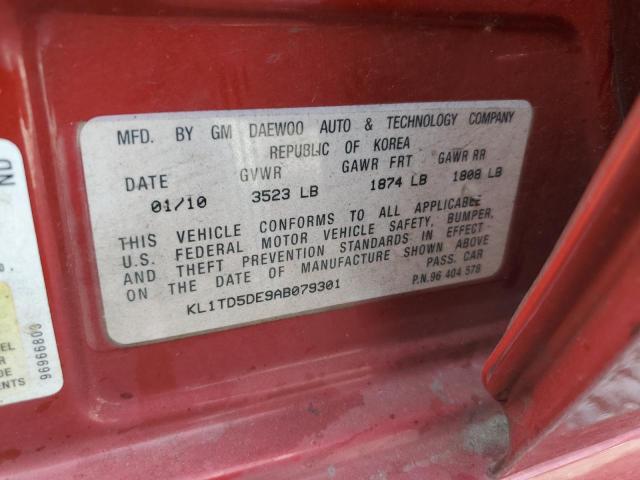 KL1TD5DE9AB079301 - 2010 CHEVROLET AVEO LS 红色 照片 12