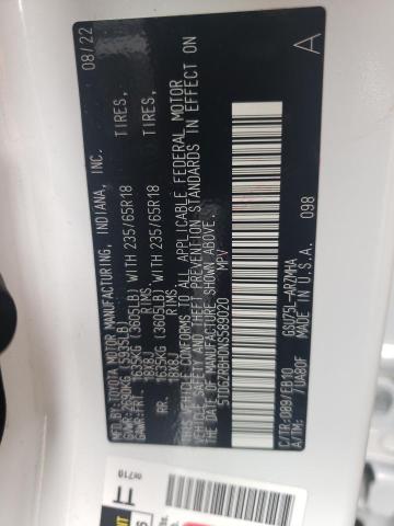 5TDGZRBH0NS589020 - 2022 TOYOTA HIGHLANDER XLE Սպիտակ լուսանկար 14