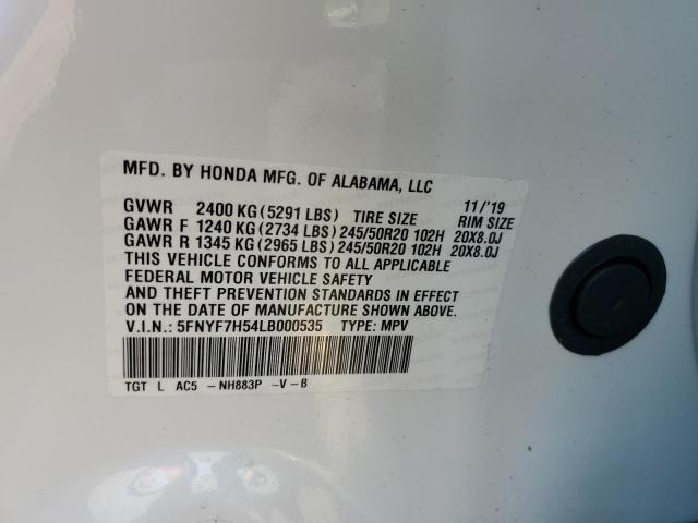 5FNYF7H54LB000535 - 2020 HONDA PASSPORT EXL WHITE photo 13