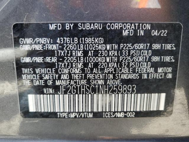 JF2GTHSC1NH259893 - 2022 SUBARU CROSSTREK SPORT GRAY photo 12