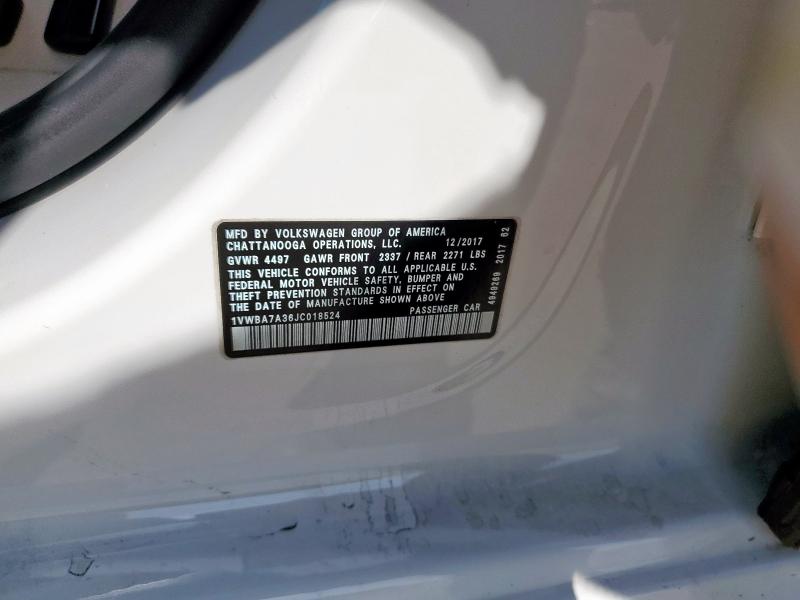 1VWBA7A36JC018524 - 2018 VOLKSWAGEN PASSAT SE WHITE photo 12
