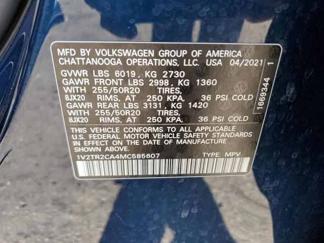 1V2TR2CA4MC585607 - 2021 VOLKSWAGEN ATLAS SEL PREMIUM BLUE photo 13