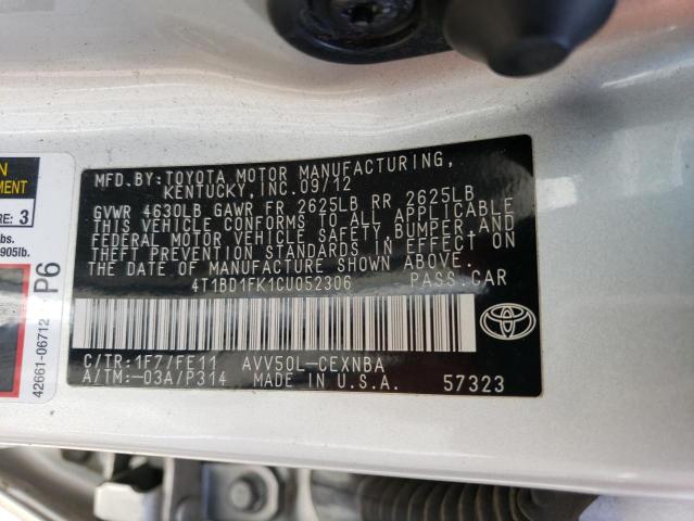 4T1BD1FK1CU052306 - 2012 TOYOTA CAMRY HYBRID SILVER photo 13