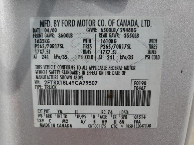 2FTRX18L4YCA79507 - 2000 FORD F150 SILVER photo 12