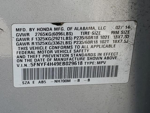 5FNYF4H49EB029618 - 2014 HONDA PILOT EX SILVER photo 13