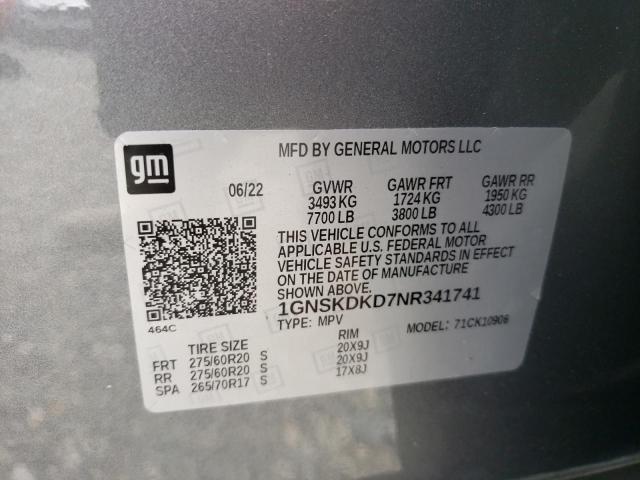 1GNSKDKD7NR341741 - 2022 CHEVROLET SUBURBAN K1500 Z71 GRAY photo 14