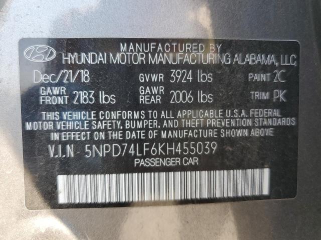 5NPD74LF6KH455039 - 2019 HYUNDAI ELANTRA SE GRAY photo 12