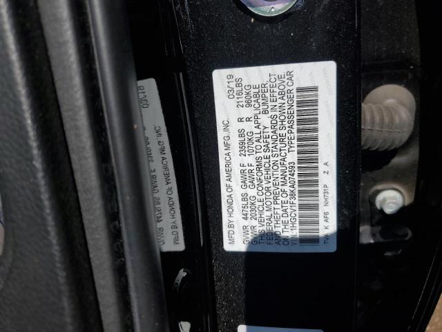 1HGCV1F38KA074593 - 2019 HONDA ACCORD SPORT أسود صورة 12