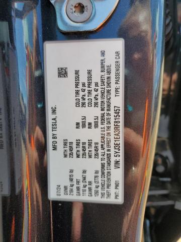 5YJ3E1EA3RF815457 - 2024 TESLA MODEL 3 Szary zdjęcie 12