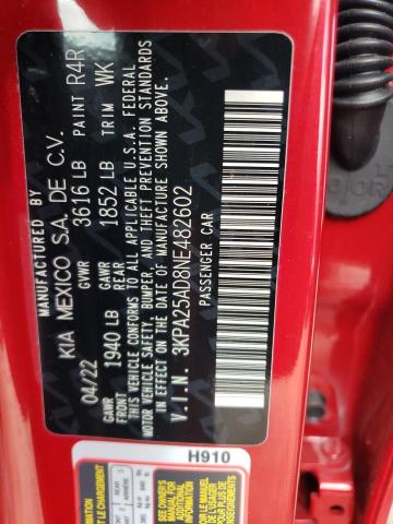 3KPA25AD8NE482602 - 2022 KIA RIO S RED photo 10