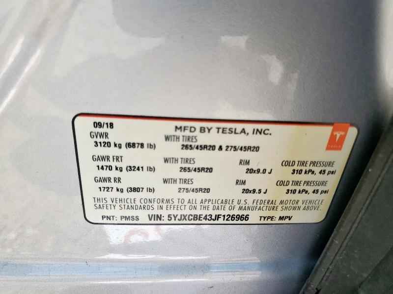 5YJXCBE43JF126966 - 2018 TESLA MODEL X Argent photo 13