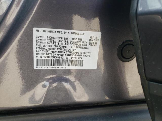 5FNYF8H50KB001797 - 2019 HONDA PASSPORT EXL 灰色 照片 12
