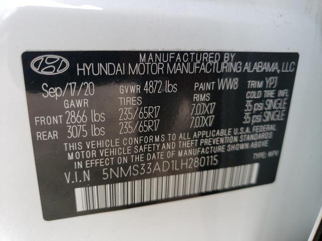 5NMS33AD1LH280115 - 2020 HYUNDAI SANTA FE SEL WHITE photo 13